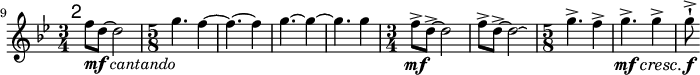 
\relative c'' \new Staff {
  \key bes \major \clef "treble"
  \set Staff.midiInstrument = "trumpet"
  \set Score.tempoHideNote = ##t \tempo 4 = 176
  \set Score.currentBarNumber = #9 \bar ""
  \mark \markup \sans 2

  \time 3/4 f8_\markup { \dynamic mf \italic "cantando" } d ~ d2 | \time 5/8 g4. f4 ~ | f4. ~ f4 | g4. ~ g4 ~ | g4. g4 |
  \time 3/4 f8\mf-> d-> ~ d2 | f8-> d-> ~
    % \override LaissezVibrerTieColumn #'tie-configuration = #'((2 . 1) (2 . -1))
    d2\laissezVibrer | \time 5/8 g4.-> f4-> |
  \once \override DynamicTextSpanner #'minimum-length = #10
  g4.->\mf\cresc g4-> | g8\staccatissimo^>\f
}
