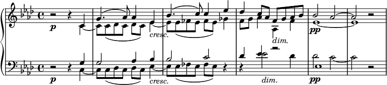 
{ \new PianoStaff <<
  \new Staff <<
    \new Voice \relative c' { \set Score.tempoHideNote = ##t \tempo 4 = 40
  \clef "treble" \key aes \major \set Staff.midiInstrument = #"piano" \time 4/4 | % 1
  r2 \p r4 \stemUp c4 | % 2
  g'4. ^( as8 ) as4 es4 _\markup{ \italic {cresc.} } | % 3
  bes'4. ^( c8 ) c4 es4 | % 4
  des4 c8 as8 f8 _\markup{ \italic {dim.} } g8 as8 bes8 | % 5
  bes2 \pp as2 ^~ | % 6
  as2 r2 }
\relative c' {
  \clef "treble" \key as \major \time 4/4 | % 1
  \stemDown s2 s4 c4 _~ | % 2
  c8 c8 _( des8 c8 des8 c8 ) es4 _~ | % 3
  es8 es8 _( fes8 es8 fes8 es8 ) ges4 | % 4
  f8 g8 as4 as,4 f'4 | % 5
  es1 _~ | % 6
  es1 } >>
  \new Staff <<
    \new Voice \relative c { \set Staff.midiInstrument = #"piano"
  \clef "bass" \key aes \major \time 4/4
  r2 \p r4 \stemDown c4 _~ | % 2
  c8 c8 _( des8 c8 des8 c8 ) es4 _\markup{ \italic {cresc.} } _~ | % 3
  es8 es8 _( fes8 es8 fes8 es8 ) r4 | % 4
  r4 es'2 _\markup{ \italic {dim.} } des4 | % 5
  des2 \pp c2 _~ | % 6
  c2 r2 }
  \relative g {
  \clef "bass" \key as \major \time 4/4 s2 s4 \stemUp g4 | % 2
  g2 as4 bes4 | % 3
  bes2 c2 | % 4
  des4 es4 r2 | % 5
  es,1 } >>
>> }
