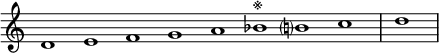 
\relative c' {  
   \new Staff \with { \remove "Time_signature_engraver" }  
   { \key a \minor \time 1/1 \cadenzaOn d1 e f g a bes^\markup{※}  b? c \bar "|" d \bar"|"}
   }
