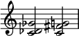  {
\override Score.TimeSignature #'stencil = ##f
\relative c' { 
  \clef treble \time 4/4
  <c des ges>2 <c fis g!>
} }
