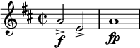  \relative c'' { \clef treble \key d \major \time 2/2 a2\f-> e-> | a1\fp } 