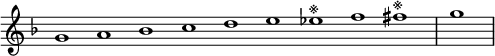 
\relative c'' {  
   \new Staff \with { \remove "Time_signature_engraver" }  
   { \key d \minor \time 1/1 \cadenzaOn g1 a bes c d e es^\markup{※} f fis^\markup{※} \bar "|" g \bar"|"}
   }
