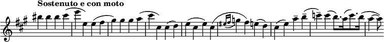 
\relative c''' \new Staff \with { \remove "Time_signature_engraver" } {
  \key a \major \set Score.tempoHideNote = ##t \tempo "Sostenuto e con moto" 4=76 \time 4/4
  bis4 bis bis cis( e e,) e( fis gis) gis gis  a( cis cis,) cis( d)
  e( cis e ) cis( \acciaccatura { eis16 fis } g4 fis) e( d) cis( e) a-- b-- (
  c-- ) c( b8.) [ a16( c8.) b16] ( a4~ a8)
}
