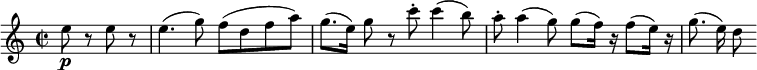 
\layout { \set Score.tempoHideNote = ##t }
\relative c'' {
\key c \major
\time 2/2
\set Staff.midiInstrument = "string ensemble 1"
\tempo 4 = 72
\partial 2 e8\p r8 e8 r8 |
e4. (g8) f8 (d8 f8 a8) |
g8. [(e16)] g8 r8 c8-. c4 (b8) |
a8-. a4 (g8) g8 (f16) r16 f8 (e16) r16 | g8. (e16) d8
}
