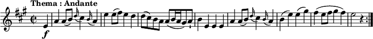 
\relative c'' {
  \version "2.18.2"
  \key a \major
  \tempo "Thema : Andante"
  \time 2/2
  \tempo 4=120
   \partial 4 e,4 \f
   a a8 (b)  \grace d16 (cis4) \grace b16 (a4)
   e'4 e8 (fis) e4 d
   d8 ( cis) b a a (b16 a gis8) a-!
   b4 e, e e
   a a8 (b)   \grace d16 (cis4) \grace b16 (a4)
   b4 (e) e4 (gis)
   fis (e8 fis gis4 fis)
   e2 r4 \bar ":|."
}
