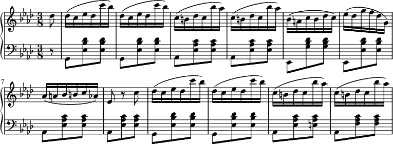 \layout { \context { \PianoStaff } }
\new PianoStaff
<<
  \new Staff \relative c' {
    \key af \major
    \time 3/8
    \partial 8
    df'8 | 
    (df16 c ef df c' bf) | (df, c ef df c' bf) | 
    (c, b df c bf' af) | (c, b df c bf' af) | 
    (bf, a c bf df c) | (ef df g f df g,) | 
    \break (af a bf b c af) | ef8 r c' | 
    (df16 c ef df c' bf) | (df, c ef df c' bf) | 
    (c, b df c bf' af) | (c, b df c bf' af)
  }
  \new Staff \relative c {
    \clef bass
    \key af \major
    \time 3/8
    \partial 8
    r8 | 
    g <ef' bf' df> <ef bf' df> | g, <ef' bf' df> <ef bf' df> | 
    af, <ef' af c> <ef af c> | af, <ef' af c> <ef af c> | 
    ef, <g' bf df> <g bf df> | ef, <ef' bf' df> <ef bf' df> | 
    \break af, <ef' af c> <ef af c> | af, <ef' af c> <ef af c> | 
    g, <ef' bf' df> <ef bf' df> | g, <ef' bf' df> <ef bf' df> | 
    af, <ef' af c> <e af c> | af, <f' af c> <f af c>
  }
>>