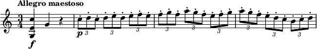 
\relative c'' {
  \tempo "Allegro maestoso"
  \time 3/4
  <c e, g,>4\f g r |
  \times 2/3 { c8-.\p d-. c-. } \times 2/3 { d-. e-. d-. } \times 2/3 { e-. f-. e-. } |
  \times 2/3 { f8-. g-. f-. } \times 2/3 { a-. g-. f-. } \times 2/3 { e-. f-. g-. } |
  \times 2/3 { a8-. g-. f-. } \times 2/3 { e-. d-. c-. } \times 2/3 { b-. c-. d-. } |
}
