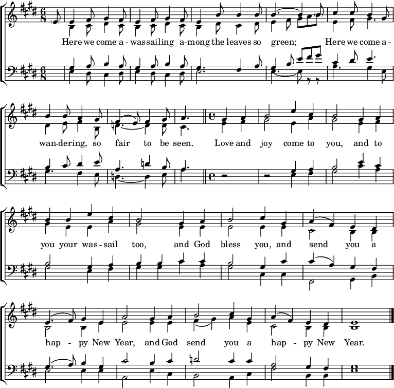 
\header { tagline = ##f }
\layout { indent = 0 \set Score.tempoHideNote = ##t
  \context { \Score \remove "Bar_number_engraver" }
  \context { \Voice \remove "Dynamic_engraver" }
}

global = { \key e \major \time 6/8 \partial 8 }

soprano = \relative c' { \global \set midiInstrument = "soprano sax"
  \parenthesize e8 | e4 fis8 gis4 fis8 | e4 fis8 gis4
  fis8 | e4 b'8 b4 b8 | b4.~ b4
  \parenthesize b8 | cis4 cis8 b4 gis8 | b4 b8 a4
  gis8 | fis4 (e8) fis4 gis8 | \tempo 4. = 88 a4. \bar "||"
  \time 4/4 \partial 2 \tempo 2 = 96 gis4 a | b2 e4 cis | b2
  gis4 a | b b e cis | b2
  gis4 a | b2 cis4 gis | a (fis) e
  dis | e4. (fis8) gis4 e | a2
  gis4 a | b2 cis4 gis | a (fis) e dis | e1 \bar "|."
}

alto = \relative c' { \global \set midiInstrument = "alto sax"
  s8 | b4\pp cis8 dis4 cis8 | b4 cis8 dis4
  cis8 |b4 dis8 cis4 dis8 | e4 fis8 gis [a b] |
  e,4 fis8 gis4. | dis4 e8 fis4
  b,8 d4.~ d4 d8 | cis4. \bar "||"
  e4 fis | gis2 e4 a | gis2
  e4 fis | gis e e a | gis2
  e4 e | e2 e4 e | cis2 b4
  b | b2 b4 e | e2
  e4 e | fis (gis) a e | cis2 b4 b | b1 \bar "|."
}

tenor = \relative c' { \global \set midiInstrument = "tenor sax"
  s8 | gis4\pp a8 b4 a8 | gis4 a8 b4
  a8 | gis4. fis4 a8 | gis4 b8 e fis gis |
  cis,4 dis8 e4. | b4 cis8 dis4
  e8 | a,4. d4 b8 | a4. \bar "||"
  r2 | r2 gis4 a | b2
  e4 cis | b2 gis4 a | b4 b
  cis cis | b2 gis4 cis | cis (a) gis
  fis | gis4. (a8) b4 gis | cis2
  b4 cis |d2 cis4 cis | a2 gis4 fis | gis1 \bar "|."
}

bass = \relative c { \global \set midiInstrument = "baritone sax"
  s8 | e4 dis8 cis4 dis8 | e4 dis8 cis4
  dis8 | e2. | e4.~ e8 r8 r |
  a4. gis4 e8 | gis4. fis4
  e8 | d4.~ d4 e8 a4. \bar "||"
  r2 | r2 e4 fis | gis2 cis4 a | gis2
  e4 fis | gis gis
  cis a | gis2 cis,4 cis | fis,2 gis4 b | e2 e4 e4 | a,2
  e'4 cis | b2 a4 cis | fis2 b,4 b | e1 \bar "|."
}

verse = \lyricmode {
  " " Here we come a -- was -- sail -- ing
  a -- mong the leaves so green;
  "" Here we come a -- wan -- der -- ing,
  so fair to be seen.
  
  Love and joy come to you,
  and to you your was -- sail too,
  and God bless you, and send you
  a hap -- py New Year,
  and God send you a hap -- py New Year.
}

\score {
  \new ChoirStaff <<
    \new Staff
    <<
      \new Voice = "soprano" { \voiceOne \soprano }
      \new Voice = "alto" { \voiceTwo \alto }
    >>
    \new Lyrics \lyricsto "soprano" \verse
    \new Staff \with { \consists "Merge_rests_engraver" }
    <<
      \clef bass
      \new Voice = "tenor" { \voiceOne \tenor }
      \new Voice = "bass" { \voiceTwo \bass }
    >>
  >>
  \layout { }
  \midi { \tempo 4.=104
    \context { \Score midiChannelMapping = #'instrument }
    \context { \Staff \remove "Staff_performer" }
    \context { \Voice \consists "Staff_performer" }
  }
}
