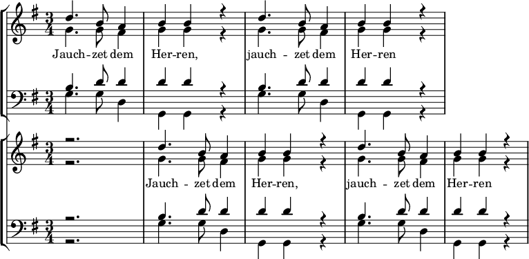 
<<
\new StaffGroup <<
\new Staff \with{ \magnifyStaff #1.2 } { \clef treble \time 3/4 \key g \major
  \set Staff.midiInstrument = "choir aahs"
  \set Staff.midiMinimumVolume = #0.7
  \set Staff.midiMaximumVolume = #1.0
  \relative c'
  << { d'4. b8 a4 b b r d4. b8 a4 b b r } \\
  { g4. g8 fis4 g g r g4. g8 fis4 g g r } >>
}
\addlyrics { Jauch -- zet dem Her -- ren, jauch -- zet dem Her -- ren }
\new Staff \with{ \magnifyStaff #1.2 } { \clef bass \key g \major \set Staff.midiInstrument = "choir aahs" 
  \relative c'
  << { b4. d8 d4 d d r b4. d8 d4 d d r } \\
  { g,4. g8 d4 g, g r g'4. g8 d4 g, g r } >>
}
>>
\new StaffGroup <<
\new Staff \with{ \magnifyStaff #1.2 } { \clef treble \time 3/4 \key g \major
  \set Staff.midiInstrument = "choir aahs"
  \set Staff.midiMinimumVolume = #0.2
  \set Staff.midiMaximumVolume = #0.5
  \relative c'
  << { r2. d'4. b8 a4 b b r d4. b8 a4 b b r } \\
  { r2. g4. g8 fis4 g g r g4. g8 fis4 g g r } >>
}
\addlyrics { Jauch -- zet dem Her -- ren, jauch -- zet dem Her -- ren }
\new Staff \with{ \magnifyStaff #1.2 } { \clef bass \key g \major \set Staff.midiInstrument = "choir aahs" 
  \relative c'
  << { r2. b4. d8 d4 d d r b4. d8 d4 d d r } \\
  { r2. g,4. g8 d4 g, g r g'4. g8 d4 g, g r } >>
}
>> >>
\layout { indent = #0 }
\midi { \tempo 4 = 120 }
