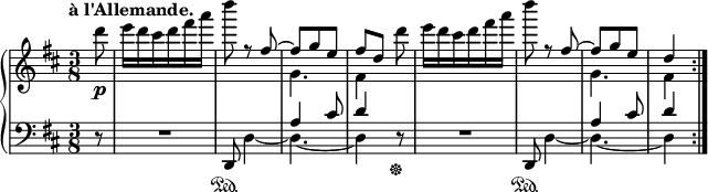 
\relative c''' {
  \new PianoStaff <<
   \new Staff {
    \key d \major \time 3/8 \set Score.tempoHideNote = ##t \tempo "à l'Allemande." 4=105 \partial 8
    <<
     {
      \stemDown d8\p e16 d cis d fis a d8 r \stemUp fis,,~ fis g e fis[ d]
      \stemDown d' e16 d cis d fis a d8 r \stemUp fis,,~ fis g e d4 \bar ":|."
     }
    \\
     { s8 s4. s g,4. fis4 s8 s4. s g4. fis4 }
    >>
   }
   \new Staff { \key d \major \time 3/8 \clef bass
    <<
     { s8 s4. s a,4 cis8 d4 s8 s4. s a4 cis8 d4 }
    \\
     {
      \override MultiMeasureRest.staff-position = #0
      d,8\rest R4. \once \stemUp d,8\sustainOn d'4~ d4.~ d4 d8\rest\sustainOff R4.
      \once \stemUp d,8\sustainOn d'4~ d4.~ d4
     }
    >>
   }
  >>
 }
