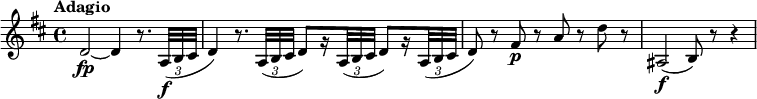 
\relative c' {
  \override Score.NonMusicalPaperColumn #'line-break-permission = ##f
  \version "2.18.2"
  \key d \major
  \tempo "Adagio"
  \tempo 4 = 45
  \override TupletBracket #'direction = #-1
  \override TupletBracket #'stencil = ##f
  d2~\fp d4 r8. \times 2/3 { a32\f( b cis } |
  d4) r8. \times 2/3 { a32( b cis } d8)[ r16 \times 2/3 { a32( b cis] } d8)[ r16
    \times 2/3 { a32( b cis] } |
  d8) r fis\p r a r d r |
  ais,2\f( b8) r r4
}
