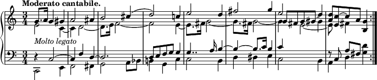 
\relative c'' {
  \new PianoStaff <<
   \new Staff {
    \key c \major \time 3/4 \set Score.tempoHideNote = ##t \tempo "Moderato cantabile." 4=86
    <<
     {
      \override Score.NonMusicalPaperColumn #'line-break-permission = ##f
      \override TextScript #'whiteout = ##t
      g8._\markup { \italic { Molto legato } } a16 g4 gis a2 ais4 b2 cis4( d2) c!4
      e2 d4 fis2 g4 e2 d4 <d a>8 <c~ e,> c a <g b,>4 \bar ":|."
     }
    \\
     { e2 c4~ c d2~ d8. e16 f2~ f e4~ e8. fis16 g2~ g8. fis16 g2~ g4 e2~ e8 s fis4 }
    \\
     { s2. s s s s s g8 fis g gis~ \stemDown gis4 }
    >>
   }
   \new Staff { \key c \major \time 3/4 \clef bass
    <<
     {
      d,4\rest c2~ c4 f d~ d2. d8 e f g g4
      g4.. a16 b4~ b~ b8. c16 b4 c4 s2 f,8\rest c a'[ fis]
     }
    \\
     { c,2 e4 f2 fis4 g2 a8 bes b!4 g c c2 b4 d dis e c2 b4 a d <d' g,> }
    >>
   }
  >>
 }
