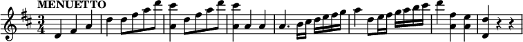 
\relative c' { \set Score.tempoHideNote = ##t \tempo "MENUETTO" 4=130 \key d \major \time 3/4
  d4 fis a d d8 fis a d <cis a,>4 d,8 fis a d <cis a,>4 a, a
  a4. b16 cis d e fis g a4 d,8 e16 fis g a b cis d4 <fis, a,> <e a,> <d d,> r r
}
