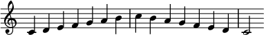 
{
\override Score.TimeSignature #'stencil = ##f
\relative c'
 {
 \clef treble \key c \major \time 7/4 c4 d e f g a b c b a g f e d c2
 }
}
