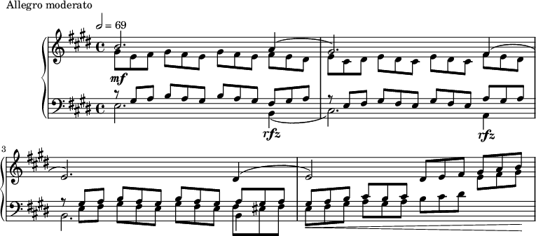 
\version "2.18.2"
\header {
  tagline = ##f
}
upper = \relative c'' {
  \clef treble 
  \key e \major
  \time 4/4
  \tempo 2 = 69
  \override TupletBracket.bracket-visibility = ##f

   %%Montgeroult — Étude 75 (pdf p. 35)

   << { b2.\mf a4( gis2.) fis4( e2.) dis4( e2) \tuplet 3/2 { dis8 e fis } \tuplet 3/2 { gis a b } } \\ { \tuplet 3/2 { gis8 e fis } \repeat unfold 2 { \tuplet 3/2 { gis fis e }}  \tuplet 3/2 { fis e dis } | \tuplet 3/2 { e cis dis } \repeat unfold 2 { \tuplet 3/2 { e dis cis }}  \tuplet 3/2 { fis e dis } } >>

}

lower = \relative c {
  \clef bass
  \key e \major
  \time 4/4

   
   << { \tuplet 3/2 { r8 gis'8 a } \repeat unfold 2 { \tuplet 3/2 { b a gis }}  \tuplet 3/2 { fis gis a } | \tuplet 3/2 { r8 e fis } \repeat unfold 2 { \tuplet 3/2 { gis fis e }}  \tuplet 3/2 { a gis a } } \\ { e2. b4(\rfz cis2.) a4\rfz } >>

  << { \tuplet 3/2 { r8 gis'8 a } \repeat unfold 2 { \tuplet 3/2 { b a gis }}  \tuplet 3/2 { a gis a } | } \\ { b,2. b4 } \\ { \tuplet 3/2 { \stemDown s8 e fis } \repeat unfold 2 { \tuplet 3/2 { gis fis e }}  \tuplet 3/2 { fis eis fis } } >>

  << { \tuplet 3/2 { gis8_\< a b } \tuplet 3/2 { cis b cis } s4 \change Staff = "upper" \tuplet 3/2 { \stemDown e8 fis gis\! } } \\ { \tuplet 3/2 { e, fis gis } \tuplet 3/2 { a gis a } \tuplet 3/2 { b cis dis } } >>

}

  \header {
    piece = "Allegro moderato"
  }

\score {
  \new PianoStaff <<
    \new Staff = "upper" \upper
    \new Staff = "lower" \lower
  >>
  \layout {
    \override TupletBracket.bracket-visibility = ##f
    \context {
      \Score
      %\remove "Metronome_mark_engraver"
      \omit TupletNumber
    }
  }
  \midi { }
}
