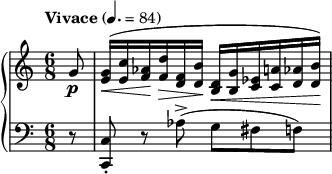 
\new PianoStaff <<
\new Staff = "Up" <<
\new Voice \relative c' {
\clef treble
\tempo "Vivace" 4.=84
\time 6/8
\key c \major
\partial 8
g'8 \p <e g>16 \< ^(<e c'> <f aes> \! <f d'> \> <d f> <d b'> \! <b d> \< <b g'> <c ees> <c a'> <d aes'> <d b'> \!)
}
>>
\new Staff = "Down" <<
\new Voice \relative c{
\clef bass
\key c \major
r8 <c, c'>-. r aes''->(g fis f)
}
>>
>>
