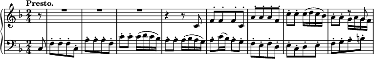 
 \relative c' {
  \new PianoStaff <<
   \new Staff { \key f \major \time 2/4 \tempo "Presto." \partial 8
    \override Score.NonMusicalPaperColumn #'line-break-permission = ##f
     <<
      {
       \override MultiMeasureRest #'staff-position = #2
       b'8\rest R2 R R b4\rest b8\rest
       c, f-.[ f-.f-. c-.] a'-.[ a-. a-. f-.] \stemDown c'-. c-. c16( d c bes) a8-. a-. g16 a g f
      }
     \\
      { s8 s2 s s s s s s s4 d'8\rest \stemUp g, }
     >>
   }
   \new Staff { \key f \major \time 2/4 \clef bass \partial 8
    c,,8 f-.[ f-. f-. c-.] a'-.[ a-. a-. f-.] c'-. c-. c16( d c bes) a8-. a-. a16( bes a g)
    a8-. c16( bes) a8-. g-. f-.[ e-. f-. d-.] e-.[ c-. d-. e-.] f-.[ g-. a-. b-.]
   }
  >>
 }
