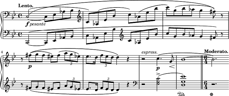 
\new PianoStaff
  <<
  \new Staff = "right" \with {
    midiInstrument = "acoustic grand"
  } \relative c {
    \key g \minor
    \time 4/4
    \tempo "Lento."
    \clef bass
    c2(\(_\markup { \dynamic f \italic pesante } ~ c8 ees aes bes
    \clef treble c) aes( ees' bes' c) aes( ees' bes'
    c) g( bes aes g4 fis8\)) r
    r fis\p(\( g fis eis) fis( \times 2/3 { a g ees) }
    ees8. d16 \times 2/3 { f8 ees d } d4\) r
    r2^\markup {\italic {espress.}} c4.\(\p g8\<
    bes1\!~
    \bar "||"
    \time 6/4
    \tempo "Moderato."
    bes2. \)
  }
  \new Staff = "left" \with {
    midiInstrument = "acoustic grand"
  } {
    \clef bass \relative c' {
      \key g \minor
      \time 4/4
      \tempo "Lento."
      c,,2\( ~ c8 ees aes bes
      c aes ees' bes' \clef treble c aes ees' bes'
      c g bes aes g4 fis8\) r
      r fis\( g fis eis fis \times 2/3 { a g ees }
      ees8. d16 \times 2/3 { f8 ees d } d4\) r
      \clef bass
      r2 <ees, g c>->(
      <d g ees'>1)\sustainOn
      \bar "||"
      \time 6/4
      \tempo "Moderato."
      r2.\sustainOff
    }
  }
>>
\midi {
  \context {
    \Score
    tempoWholesPerMinute = #(ly:make-moment 40 4)
  }
}
