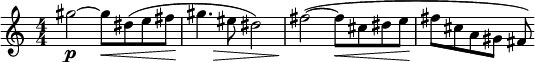  \relative c''' {
    \set Score.tempoHideNote = ##t
    \numericTimeSignature
    \tempo 4 = 126
    \set Staff.midiInstrument = #"alto sax"
    gis2\p ~ gis8\< dis (e fis gis4.\! 
	\once \override Hairpin.shorten-pair = #'(-2 . 0)
	\> eis8 dis2) fis2 \! ~ (fis8 \< cis dis e fis\! cis a gis fis)
 }
