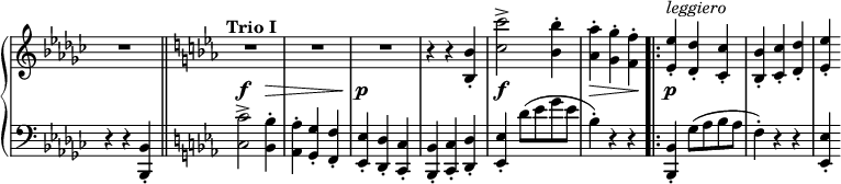 
\relative c'' {
  \new PianoStaff <<
   \new Staff \with { \remove "Time_signature_engraver" } {
    \key es \minor \time 3/4 \set Score.tempoHideNote = ##t \tempo "" 4=320
    R2. \bar "||" \key es \major R^\markup \bold "Trio I" R R
    r4 r <bes bes,>-. <c' c,>2-> <bes bes,>4-. <aes aes,>-. <g g,>-. <f f,>-.
    \bar ".|:" <es es,>-.^\markup \italic leggiero <d d,>-. <c c,>-.
    <bes bes,>-. <c c,>-. <d d,>-. <es es,>-.
   }
   \new Dynamics {
    s2. s2\f s4\> s2. s\p s s\f s4\> s s\! s\p
   }
   \new Staff \with { \remove "Time_signature_engraver" } {
    \key es \minor \time 3/4 \clef bass
    r4 r <bes,, bes,>-. \key es \major
    <c' c,>2-> <bes bes,>4-. <aes aes,>-. <g g,>-. <f f,>-.
    <es es,>-. <d d,>-. <c c,>-. <bes bes,>-. <c c,>-. <d d,>-.
    <es es,>-. d'8( es g es bes4-.) r r
    <bes, bes,>-. g'8( aes bes aes f4-.) r r <es es,>-.
   }
  >>
 }
