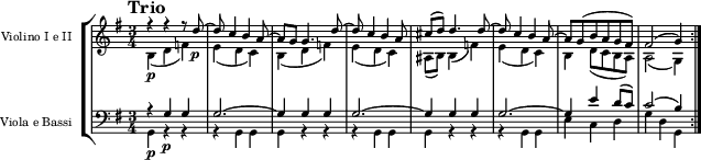 
{
\new StaffGroup << 
\new Staff \with {\magnifyStaff #5/7 } << 
\new Voice \relative c'' {\voiceOne \set Staff.instrumentName = "Violino I e II" \set Staff.midiInstrument = violin \tempo "Trio" \tempo 4 = 105 \clef treble \key g \major \time 3/4
r4 r r8 d\p~
d8 c4 b a8~
a8 g g4. d'8~
d8 c4 b a8
cis (d) d4. d8~
d8 c4 b a8~
a8 g (b a g fis)
fis2 (g4) \bar ":|."
}  
\new Voice \relative c' {\voiceTwo \set Staff.midiInstrument = violin \clef treble \key g \major \time 3/4
b4\p (d f)
e (d c)
b4 (d f)
e (d c)
ais8 (b) b4 (f')
e (d c)
b d8 (c b a)
a2 (g4)
}
  >>
\new Staff \with { \magnifyStaff #5/7 } <<
\new Voice \relative c' {\voiceOne \set Staff.instrumentName = "Viola e Bassi" \set Staff.midiInstrument = cello \clef bass \key g \major \time 3/4
r4 g\p g
g2.~
g4 g g
g2.~
g4 g g
g2.~
g4 e'4 d8 (c)
c2 (b4)
}  
\new Voice \relative c {\voiceTwo \set Staff.midiInstrument = cello \clef bass \key g \major \time 3/4
g4\p r r
r g g
g r r
r g g
g r r
r g g
e' c d
g d g,
}
>> >> }
\layout { indent = 2.0\cm }
