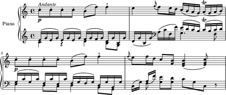 
\version "2.18.2"
\header {
  tagline = ##f
}
upper = \relative c' {
  \clef treble 
  \key c \major
  \time 4/4
  \tempo "Andante"
  \tempo 4 = 65
  %\autoBeamOff

  c'8-. \p ^\markup { \italic {Andante } } c-. c-. c-. b (f') f4-!
  e \grace g16 (f8) e16 d c (b a g) a\trill (g a b)
   c8-. \p  c-. c-. c-. b (f') f4-!
  \grace f16 (e8) f16 d c8 <f, b> <d f b>4 (<e g c>8)

}

lower = \relative c {
   \clef bass
   \key c \major
   \time 4/4
   \clef treble
   \set Staff.midiMinimumVolume = #0.2 \set Staff.midiMaximumVolume = #0.5
  << { \stemDown c'4 a \rest d b8 g} \\ {\stemUp  e'16 ^(g e g) e ^(g e g) f ^(g f g) d g b, g'} >>
  d (g b, g')  \clef bass a, (c f, f')
  << { \stemDown  g,4. f8 e4 d8 c d4 b8 g} \\ {\stemUp  e''16  ^(d c b) c^ \trill ^ (b c d) g, ^(c g c) f, c' e, c' f, ^(g f g) d g b, g'} >>
  c,16 (g') << { \stemDown f8 } \\ {\stemUp a16 (f')} >> <g, e'>8 <g d'> c g c, r
} 

\score {
  \new PianoStaff <<
    \set PianoStaff.instrumentName = #"Piano"
    \new Staff = "upper" \upper
    \new Staff = "lower" \lower
  >>
  \layout {
    \context {
      \Score
      \remove "Metronome_mark_engraver"
    }
  }
  \midi { }
}
