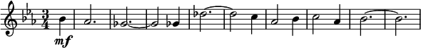  \relative g' { \key c \minor \time 3/4 \partial 4 bes\mf | as2. | ges2.~ | ges2 ges4 | des'2.~ | des2 c4 | as2 bes4 | c2 as4 | bes2.~ | bes2. }