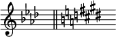 { \omit Score.TimeSignature { \key aes \major s8^"" \bar "||" \key e \major s^""}}