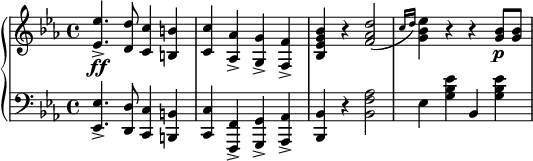 
 \relative c' {
  \new PianoStaff <<
   \new Staff { \key c \minor \time 4/4 
    \set Score.tempoHideNote = ##t
     \tempo "" 2. = 64
      <ees ees'>4.->\ff <d d'>8 <c c'>4 <b b'> <c c'>4 <aes aes'>4-> <g g'>4-> <f f'>4-> <bes ees g bes> r <f' aes d>2( \slashedGrace { c'16 d16) }  <g, bes ees>4 r r <g bes>8\p <g bes> }
   \new Dynamics {
    
      }
   \new Staff { \key c \minor \time 4/4 \clef bass
      <ees,, ees'>4.-> <d d'>8 <c c'>4 <b b'> <c c'> <f, f'>4-> <g g'>4-> <aes aes'>4-> <bes bes'> r <bes' f' aes>2 ees4 <g bes ees> bes, <g' bes ees>
   }
  >>
 }
