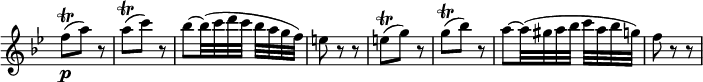 
\relative c'' \new Staff \with { \remove "Time_signature_engraver" } {
 \key bes \major \time 3/8 \set Score.tempoHideNote = ##t \tempo "" 4=55
 f8\p \trill ( a) r a\trill ( c) r bes~ bes32( c d c bes[ a g f] ) e8 r r
 e\trill ( g) r g\trill ( bes) r a~ a32( gis a bes c[ a bes g] ) f8 r r
}
