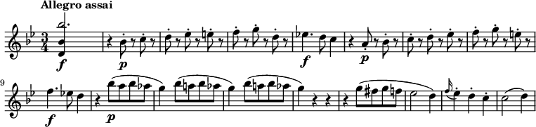 
\relative c''' {
  \version "2.18.2"
  \tempo "Allegro assai"
  \key bes \major
  \time 3/4
  \tempo 4 = 140
  <<
    { bes2.\f | } \\
    { \stemUp <bes, d,>4 s2 | }
  >>
  r4 bes8-.\p r c-. r |
  d8-. r es-. r e-. r |
  f8-. r g-. r d-. r |
  ees!4.\f d8 c4 |
  r4 a8-.\p r bes-. r |
  c8-. r d-. r ees-. r
  f-. r g-. r e-. r
  f4.\f ees!8 d4
  r bes'8 \p (a bes aes g4)
  bes8 (a! bes aes g4)
  bes8 (a! bes aes g4) r r
  r g8 (fis g f! ees2 d4)
  \grace f16  (ees4)-. d-. c-.
  c2 (d4)
}
