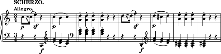 
\relative c'' {
 \new PianoStaff <<
  \new Staff {
   \key c \major \time 3/4 \set Score.tempoHideNote = ##t
   \tempo \markup {
    \column {
     \line \fontsize #1 { SCHERZO. }
     \line { Allegro. }
    }
   } 4=174
   c8\p[ r16 c] ( e4-.\sf) r c\p( b c) <d g,>-. q-. q-. q-. r r
   d8[ r16 d] ( f4-.\sf) r d\p ( cis d) <e a,>-. q-. q-. q-. r r
  }
  \new Staff { \key c \major \time 3/4 \clef bass
   r r c,,,\f \clef treble <g''' e>( <f d> <e c>) \clef bass <d b g>-. q-. q-. q-. r r
   r r d,,-.\f \clef treble <a''' f>( <g e> <f d>) <e cis a>-. q-. q-. q-. r r
  }
 >>
}
