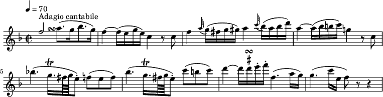 
\version "2.18.2"
\new Staff \with {midiInstrument = #"violin"} {
  \relative c''{
  \key f \major
  \time 2/2
  \tempo 4 = 70
  \tempo "Adagio cantabile"
  <<
     { f2 ^ \markup {Adagio cantabile} }
     \\  { s4. s16 ^ \turn  s16 }
   >>
  a8. (g16 bes8. g16)
  f4 ~ f16 (e g e) c4 r8 c8
  f4 \grace a32 (g16) (fis g gis) a4 \grace c32 (bes16) (a bes d)
  a4 ~ a16 (bes b c) g!4 r8 c,8
  bes'!4. (g16.\trill [fis64 g e8-.]) f! (e f)
  bes4. (g16.\trill [fis64 g e8-.]) c' (b c)
  d4 ~ d16 
  \once \override TextScript.script-priority = #-100
  d ^\markup { \sharp } \turn e-. f-. f,4. (a16 g)
  g4. (c16 e, f8) r8 r4
  }
}
  \midi {
    \context {
      \Score
    }
  } 
