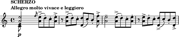 
\relative c'' \new Staff {
 \set Score.tempoHideNote = ##t \tempo \markup {
  \column {
   \line { SCHERZO }
   \line { Allegro molto vivace e leggiero }
  } 
 } 4=160 \key a \minor \time 4/4
 << { <e a,>2 } \\ { <e, c>8\p s8 s4 } >>\slashedGrace f'8 <e a,>8->( d-.) c-. <e a,>-. ->
 r <e a,>->( d-.) c-. <d d,>[ ( c-.) b-.] <f' a,>-. ->
 <e a,>2-- <e a,>8-> ( d-.) c-. <e a,>-.
 r <e a,>-> d-.) c-. <d d,>-> ( c-.) b-. <d d,>-. ->
}
