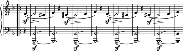 
\relative c' {
  \new PianoStaff <<
   \new Staff \with { \remove "Time_signature_engraver" } { \key f \major \time 3/4 \set Score.tempoHideNote = ##t \tempo "" 2=86 \partial 4
    \bar ".|:" d4~\sf \> ( d2*1/2 s4\! cis e) r cis~\sf \> ( cis2*1/2 s4\! d f) r
    d4~\sf \> ( d2*1/2 s4\! cis e) r cis~\sf \> ( cis2*1/2 s4\! d f)
   }
   \new Staff \with { \remove "Time_signature_engraver" } { \key f \major \time 3/4 \clef bass
    \bar ".|:" r4 <bes,,~ bes,~>2._>\sf q <bes~ bes,~>_> \sf q
    <bes~ bes,~>_>\sf q <bes~ bes,~>_> \sf q4
   }
  >>
 }
