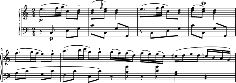 
\version "2.18.2"
\header {
  tagline = ##f
}
upper = \relative c'' {
    \tempo "Allegretto"
    \key c \major
     \time 2/4
    \tempo 4 = 80
   e8. \p (f32 g c,8) <b d>-!
    <b d> ( \grace f'32 <c e>8) <b d>4
    e8.  (f32 g c,8) <b d>
    <d f> (<c e> \trill ) <b d>4
    f'8.  (g32 f e8) e-!
    a8. (b32 c g8) g-!
    g16 (f) f (d) f (e) e (c)
    cis (d e d c b a g)
  }

lower =\relative c' {
    \clef "bass"
    \key c  \major
    \time 2/4
      r8 c, \p e g
      c c, g' g,
      r8 c  [e g]
      c c, g' g,
      a' (c g c f, c' e, c')
      r <b g'> r <c g'>
      <g b>4 r
       
  }
\score {
  \new PianoStaff <<  
    \new Staff = "upper" \upper
    \new Staff = "lower" \lower
  >>
  \layout {
    \context {
      \Score
      \remove "Metronome_mark_engraver"
    }
  }
  \midi { }
}
