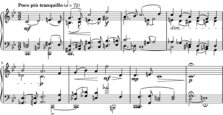 
{  \new PianoStaff <<
    \new Staff \relative c' { \clef treble \time 3/2 \key bes \major \tempo "Poco più tranquillo" 2 = 72 c2(\mf d) e4.( c8)-- << { \stemUp g'4.(\< f8--) c'2\! f\f | a,4.( bes8) c2.( d4--) | c\dim bes( a) g( f) g | bes2 a2.\p } \\ { \stemDown b,4.( c8--) e4.( f8) gis2 | f2.. e8( f2) | e4 d( cis) d( c) d | des2 c2. } >> f4 | g(\< bes) a\! f'2\mf\> d,4\! | d4.(\mp e8 c1\> | c1.\!\fermata\p }
    \new Staff \relative c { \clef bass \time 3/2 \key bes \major << { <e c>2 <f b,> fis4.( e8--) | <d gis,>4.( <dis a>8) <gis b,>4.( <a c,>8) <bes d,>4.( <b ees,>8) | c2.. gis8( a2) | aes4 ges( e) d( c) d | <ees ges,>4.( <e g,>8) <f a,>2. <a c,>4 | <b des,>( <des ges,>) <c e,> aes'2 f,4 | <f c,>4.( <g g,>8 <e c>2( <f d>) | g1.\fermata } \\ { c,,1 <bes' c,>2 | c,1. | d'4.( des8) c1~ | c2 cis4 g( aes) g | s1 c,2->~ | c1 b2 | c1 s2 | d'2( e1)\fermata } >> }
>> }
