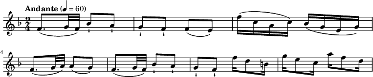 
\relative c' {
  \version "2.18.2"
  \key f \major
  \time 2/4
  \tempo "Andante" 4 = 60
  f8. (g32 f)  bes8-! a-! g-! f-! f (e)  f'16 (c a c) bes (g e g)
  f8. (g32 a) a8 (g) f8. (g32 f)  bes8-! a-! g-! f-! f'16 d8 b16 g'16 e8 c16 a'16 f8 d16
}
