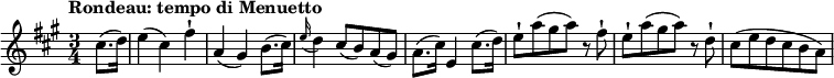 
\relative c' {
   \version "2.18.2"
   \key a \major
   \time 3/4
   \tempo "Rondeau: tempo di Menuetto"
   \tempo 4 = 130
\partial 4 cis'8. (d16) 
e4 (cis) fis-!
a, (gis) b8. (cis16)
\appoggiatura  e16 d4 cis8 (b) a (gis)
a8. (cis16) e,4 cis'8. (d16)
e8-! a (gis a) r8 fis-!
e8-! a (gis a) r8 d,-!
cis8 (e d cis b a)
}
