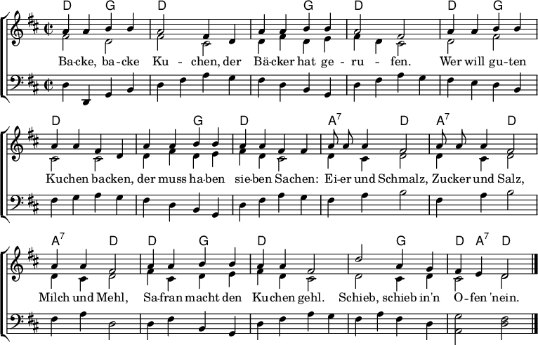 
\header { tagline = ##f }
\layout { indent = 0
  \context { \Score \remove "Bar_number_engraver" }
  \context { \Voice \remove "Dynamic_engraver" }
}
global = { \key d \major \time 2/2 }

kords = \chordmode { \set midiInstrument = "acoustic guitar (nylon)"
  \global \set chordChanges = ##t
  d,2\ppp g, | d,1 | d,2 g,2 | d,1 |
  \set chordChanges = ##f d,2 g, | d,1 | \set chordChanges = ##t d,2 g,2 | d,1 |
  a,2:7 d, | a,:7 d, | a,:7 d, |
  \set chordChanges = ##f d, g, | d,1 | \set chordChanges = ##t d,2 g, | d,4 a,4:7 d,2 \bar "|."
}

sopranoVoice = \relative c'' { \set midiInstrument = #"celesta"
  \global \autoBeamOff
  a4 a b b | a2  fis4 d | a' a b b | a2 fis2 |
  a4 a b b | a a fis4 d | a' a b b | a a fis fis |
  a8 a a4 fis2 | a8 a a4 fis2 | a4 a fis2 |
  a4 a b b | a a fis2 | d' a4 g | fis e d2 \bar "|."
}

altovoice = \relative c' { \global
  fis2\ppp d | fis cis | d4 fis d e | fis d cis2 |
  d fis | cis cis | d4 fis d e | fis d cis2 |
  d4 cis d2 | d4 cis d2 | d4 cis d2 |
  fis4 cis d e | fis d cis2 |
  d cis4 d | cis2 d2 \bar "|."
}

tenorvoice = \relative c { \global
  d4\pp d, g b | d fis a g | fis d b g | d' fis a g |
  fis e d b | fis' g a g | fis d b g | d' fis a g |
  fis a b2 | fis4 a b2 | fis4 a d,2 |
  d4 fis b, g | d' fis a g |
  fis a fis d | <g a,>2 <fis d> \bar "|."
}

verse = \lyricmode {
  Ba -- cke, ba -- cke Ku -- chen,
  der Bä -- cker hat ge -- ru -- fen.
  Wer will gu -- ten Ku -- chen ba -- cken,
  der muss ha -- ben sie -- ben Sa -- chen:
  Ei -- er und Schmalz,
  Zu -- cker und Salz,
  Milch und Mehl,
  Sa -- fran macht den Ku -- chen gehl.
  Schieb, schieb in'n O -- fen 'nein.
}

\score {
  \new ChoirStaff <<
    \new ChordNames { \kords }
    \new Staff
    <<
      \new Voice = "soprano" { \voiceOne \sopranoVoice }
      \addlyrics { \verse }
      \new Voice = "alto" { \voiceTwo \altovoice }
    >>
    \new Staff
    <<
      \clef bass
      \new Voice = "tenor" { \tenorvoice }
    >>
  >>
  \layout { }
}
\score { << \kords \\ \sopranoVoice \\ \altovoice \\ \tenorvoice >>
  \midi {
    \tempo 2=90
    \context { \Staff \remove "Staff_performer" }
    \context { \Voice \consists "Staff_performer" }
  }
}
% Chords from Commons score; accompaniment from ingeb.org
