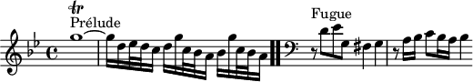 
\version "2.18.2"
\header {
  tagline = ##f
}

\score {
  \new Staff \with {
%fontSize = #-2
  }
<<
  \relative c'' {
    \key g \minor
    \time 4/4

     %% INCIPIT CBT I-16, BWV 861, sol mineur
     s4*0^\markup{Prélude} g'1~\trill g16 d ees32 d c16 d g c,32 bes a16 bes16 g' c,32 bes a16 
 \bar ".."
      \skip 8*1
      %\once \override Staff.Clef.full-size-change = ##t
     \override Staff.Clef.extra-offset = #'( -1 . 0 )
      \clef bass
      \partial 1
      \relative c
      r8^\markup{Fugue} d,8 ees g, fis4 g r8 a16 bes c8 bes16 a bes4
  }
>>
  \layout {
     \context { \Score \remove "Metronome_mark_engraver" 
     \override SpacingSpanner.common-shortest-duration = #(ly:make-moment 1/2) 
   }
  }
  \midi {}
}
