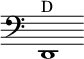 { \override Staff.TimeSignature #'stencil = ##f \time 2/1 \clef bass  d,1^D }