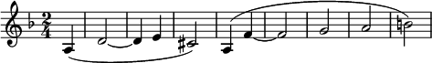 
  \relative c' { \clef treble \key d \minor \time 2/4 \partial 4*1 a4( d2~ d4 e cis2) a4( f'~ f2 g a b) }
