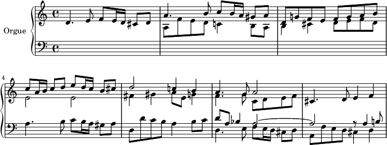 
\version "2.18.2"
\header {
  tagline = ##f
}
upper = \relative c' {
  \clef treble 
  \key c \major
  \time 4/4
  \tempo 4 = 70
  \tempo "Presto"
    \set Staff.midiInstrument = #"recorder"

   %%% Dopo l'Epistola (Canzon)
   d4. e8 f8 e16 d cis8 d
   << { a'4. b8 c8 b16 a gis8 a } \\ { a,8 f' e d c!4 b8 a } >>
   << { d8 g! f e f g a b } \\ { b,4 cis d8 e f d } >>
   %% ms 4
   << { c'8 a16 b c8 d e d16 c b8 cis } \\ { e,2 e } >>
   << { d'2 c!4 b } \\ { fis4 gis a8 e g!4 } >>
   << { a4. g8 a2 } \\ { f4. g8 c, d e f } >> 
   cis4. d8 e4 f
}

lower = \relative c {
  \clef bass
  \key c \major
  \time 4/4
    \set Staff.midiInstrument = #"recorder"

  s1*3 a'4. b8 c8 b16 a gis8 a d, d' c b a4 b8 c
  << { d8 a bes4 a2~ } \\ { d,4. e8 f8 e16 d cis8 d } >>
  << { a'2 r8 a4 b!8 } \\ { a,8 f' e d cis4 d } >>

} 

\score {
  \new PianoStaff <<
    \set PianoStaff.instrumentName = #"Orgue"
    \new Staff = "upper" \upper
    \new Staff = "lower" \lower
  >>
  \layout {
    \context {
      \Score
      \remove "Metronome_mark_engraver"
    }
  }
  \midi { }
}
