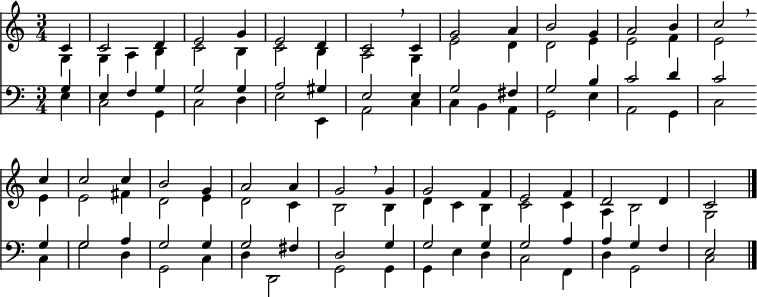 
<< <<
\new Staff { \clef treble \time 3/4 \partial 4 \key c \major \set Staff.midiInstrument = "church organ" \set Score.tempoHideNote = ##t \override Score.BarNumber  #'transparent = ##t
  \relative c' 
  << { c4 | c2 d4 | e2 g4 | e2 d4 | c2 \breathe c4 | g'2 a4 | b2 g4 | a2 b4 | c2 \breathe \bar"" \break
  c4 | c2 c4 | b2 g4 | a2 a4 | g2 \breathe g4 | g2 f4 | e2 f4 | d2 d4 | c2 \bar"|." } \\ 
  { g4 | g a b | c2 b4 | c2 b4 | a2 g4 | e'2 d4 | d2 e4 | e2 f4 | e2
  e4 | e2 fis4 | d2 e4 | d2 c4 | b2 b4 | d c b | c2 c4 | a b2 | g } >>
}
\new Lyrics \lyricmode {
}
\new Staff { \clef bass \key c \major \set Staff.midiInstrument = "church organ"
  \relative c'
  << { g4 | e f g | g2 g4 | a2 gis4 | e2 e4 | g2 fis4 | g2 b4 | c2 d4 | c2
  g4 | g2 a4 | g2 g4 | g2 fis4 | d2 g4 | g2 g4 | g2 a4 | a g f | e2 } \\
  { e4 | c2 g4 | c2 d4 | e2 e,4 | a2 c4 | c b a | g2 e'4 | a,2 g4 | c2
  c4 | g'2 d4 | g,2 c4 | d d,2 | g2 g4 | g e' d | c2 f,4 | d' g,2 | c } >>
}
>> >>
\layout { indent = #0 }
\midi { \tempo 4 = 110 }
