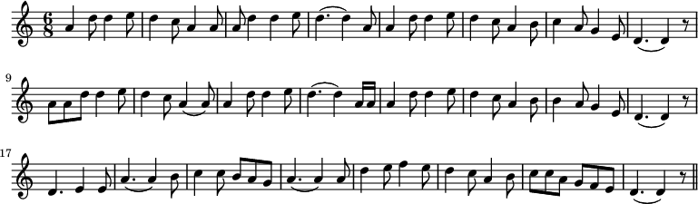  % add audio player
\language "english" % notation of accidentals
 \relative c' % relative pitch coding
{ 
  \set Staff.midiInstrument=#"violin"
   \key c \major
    \time 6/8
     %\tempo not indicated
      %\cadenzaOn % enter barlines manually: auto sets wrong ones
        a'4 d8 d4 e8        % 1
        d4 c8 a4 a8         % 2
        a8 d4 d4 e8         % 3
        d4.( d4) a8         % 4
        a4 d8 d4 e8         % 5
        d4 c8 a4 b8         % 6
        c4 a8 g4 e8         % 7
        d4.( d4) r8         % 8
        a'8 a8 d8 d4 e8     % 9
        d4 c8 a4( a8)       % 10
        a4 d8 d4 e8         % 11
        d4.( d4) a16 a16    % 12
        a4 d8 d4 e8         % 13
        d4 c8 a4 b8         % 14
        b4 a8 g4 e8         % 15
        d4.( d4) r8         % 16
        d4. e4 e8           % 17
        a4.( a4) b8         % 18
        c4 c8 b8[ a8 g8]    % 19
        a4.( a4) a8         % 20
        d4 e8 f4 e8         % 21
        d4 c8 a4 b8         % 22
        c8[ c8 a8] g8 f8 e8 % 23
        d4.( d4) r8 \bar "||"
}
