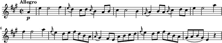 
\relative c'' {
    \version "2.18.2"
    \key a \major 
    \tempo "Allegro"
    \time 2/2
    \partial2  \partial4  a4\p e'4 e2 fis4
    \grace e16 (d4) cis8 d \grace cis16 (b4) a8 b
    cis4 cis2 b4
     \grace gis16 (a4) b8 a  \grace b16 (cis4) d8 cis
     e4 e2 a4 fis4 fis2 a4
     \grace fis16 (e4) d8 e fis d b a
     \grace a16 (gis4) fis8 e a b cis d
     \grace fis16 (e4) d8 e fis d b a
     gis (a b gis) e4 r4 
}
