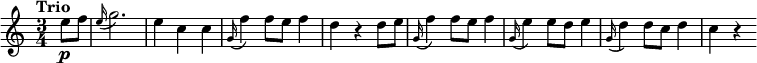 
\version "2.18.2"
\relative c'' {
  \key c \major
  \time 3/4
  \tempo "Trio "
  \tempo 4 = 132
  \partial 4 e8\p f
  \grace e16 (g2.)
  e4 c c
  \grace g16 (f'4) f8 e f4
  d r d8 e
  \grace g,16 (f'4) f8 e f4
  \grace g,16 (e'4) e8 d e4
  \grace g,16 (d'4) d8 c d4
  c r
}
