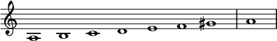 
\relative c' {  
   \new Staff \with { \remove "Time_signature_engraver" }  
   { \key a \minor  \time 1/1 \cadenzaOn a1 b c d e f gis \bar "|" a \bar"|"}
   }
