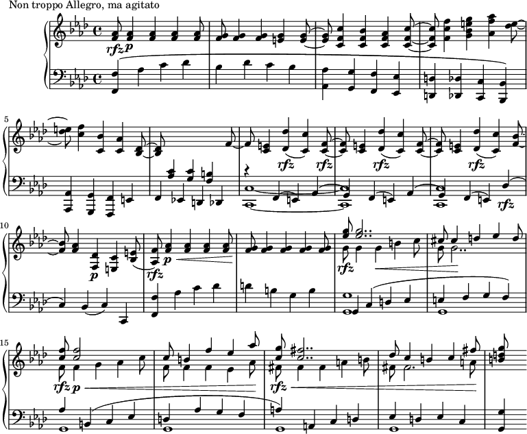 
\version "2.18.2"
\header {
  tagline = ##f
}
upper = \relative c'' {
  \clef treble 
  \key f \minor
  \time 4/4
  \tempo 2 = 84
  %\autoBeamOff

   %%Montgeroult — Étude 114 (pdf p. 220)
   < aes f >8\rfz q4\p q q q8 < g f >8 q4 q < g e >4 q8~ < g e >8 < c f, c >4 < bes f c > < aes f c > < c f, c >8~ < c f, c >8 
   < f c f, >4 < g e bes g > < aes f aes, > < e des >8~ 
   < e des >8 < f c >4 < bes, c, > < aes c, > < des, bes >8~ q
   \stemUp \change Staff = "lower" < c aes >4 < c g > < b f >
   \change Staff = "upper" f'8~ f < e c >4 < des' des, >(\rfz < c c, >) < f, c >8~\rfz q < e c >4 < des' des, >(\rfz < c c, >) < f, c >8~ q < e c >4 < des' des, >(\rfz < c c, >) < bes f >8~ q
   < aes f >4 < des, f, >\p < c e, > < e bes >8( < f aes, >)\rfz

   < aes f >4\p\< q4 q q8 < g f >8\! q4 q q q8
   << { < g' ees >8\rfz q2.. cis,8 cis4 d ees d8 | < f c >8 q2 s4 s8 c8 b4 f' ees aes8 | < g c, >8 < fis c >2.. des8 c4 b c fis8 } \\ { g,8 g4 g\< b c8 g8 g2..\! f8\rfz f4\p\< g aes c8 f, f4 f ees aes8\! fis8\rfz\< fis4 fis a b8 fis fis2. a8\! } >>
   < g' d b >8

}

lower = \relative c {
  \clef bass
  \key f \minor
  \time 4/4

   < f f, >4\( aes c des bes des c bes < aes aes, >4 < g g, > < f f, > < ees ees, > < d d, > < des des, > < c c, > < bes bes, >\)
   < aes aes, > < g g, > < f f, > e f ees! d des
   << { r4 f4( e) aes( g) f4( e) aes( g) f4( e) des'(\rfz c) } \\ { < c c, >1~ q q } >>
   bes4( c) c, < f' f, > aes4 c des d b g b 
   << { g,4 c( d ees e f g f) aes b,( c ees d aes' g f a)^\( a, c d ees d ees c  } \\ { < g' g, >1 g,1 g g g g } >>
   < g' g, >4\)
}

  \header {
    piece = "Non troppo Allegro, ma agitato"
  }

\score {
  \new PianoStaff <<
    \new Staff = "upper" \upper
    \new Staff = "lower" \lower
  >>
  \layout {
    \context {
      \Score
      \remove "Metronome_mark_engraver"
    }
  }
  \midi { }
}
